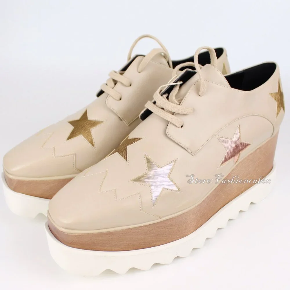 NEW Stella Mccartney Elyse Star Platform Sneakers, Beige Rose Gold Star, EU 40.5